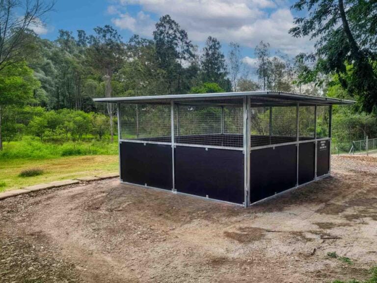 Side view Guerilla Steel horse stable in Samford Valley showing extended roof span, mesh ventilation panels and welded steel frame.