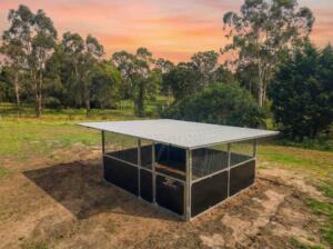Single bay Guerilla Steel stable with large roof span, welded steel frame and mesh ventilation designed for weather protection and drainage control.
