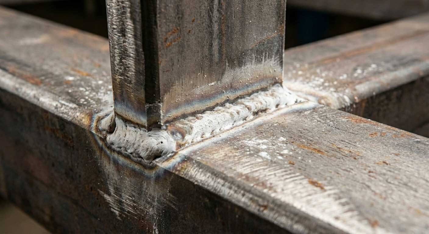 Close-up of white rust forming on a galvanised weld joint, showing early-stage oxidation before cleaning and resealing.