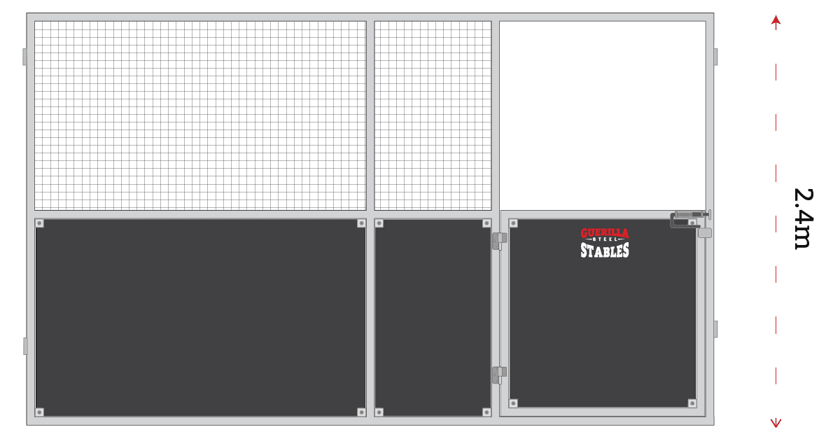 4m x 2.4m stable front panel with half-height swing door, lower ply kick board and upper mesh ventilation section.