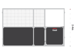4m x 2.4m stable front panel with half-height swing door, lower ply kick board and upper mesh ventilation section.