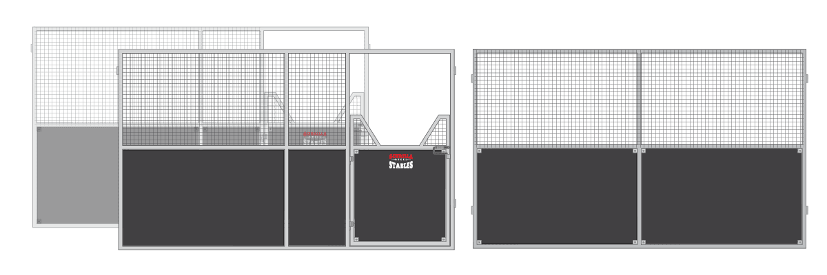 Horse stable partitions with metal mesh design.