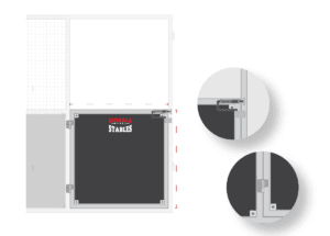 Close-up of half-height stable door with secure latch and welded steel frame construction.