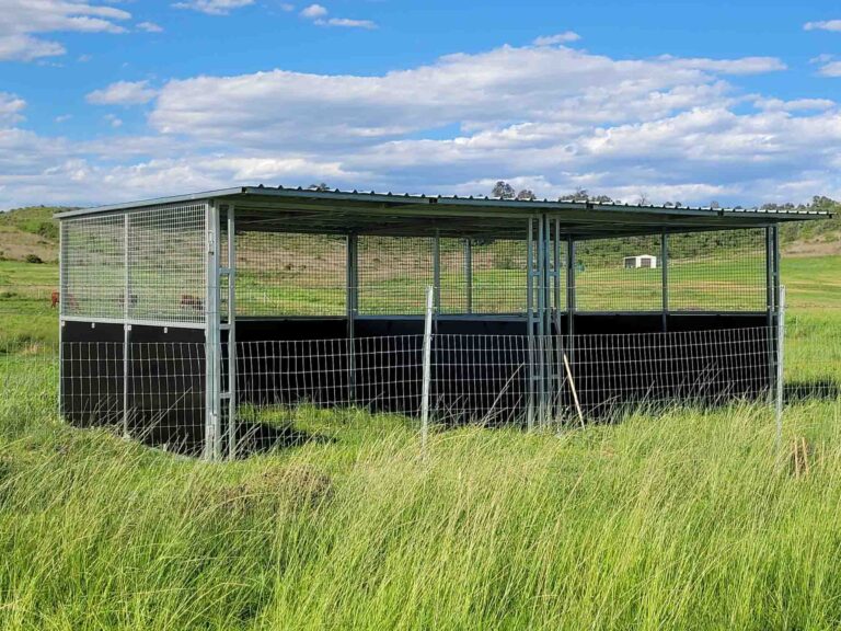 two bay horse paddock shelter with monoclad steel roof and mesh panel walls