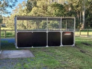 Heavy duty steel pet pen enclosure with mesh walls and swing gate entry