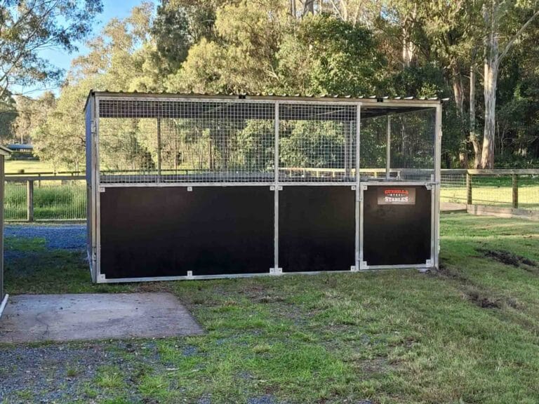 Heavy duty steel pet pen enclosure with mesh walls and swing gate entry