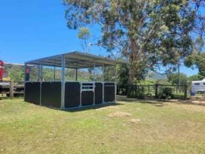 Outdoor steel horse stable bay featuring custom tie-up rail and feeding hatch on gate