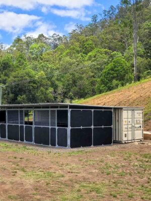 three bay horse stable integrated with shipping container and extended roof structure