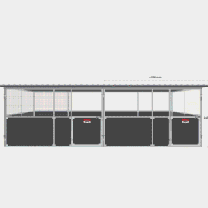 4m twin stable front view base model rendering showing galvanised steel construction with flat roof and ventilation mesh tops