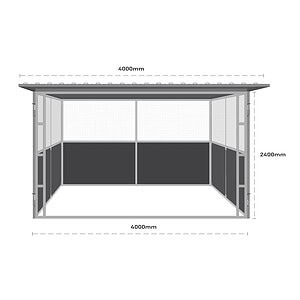 Steel paddock shelter showing ply lower and galvanised mesh upper side panels with open front maintained for ventilation