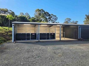 Two-bay 4-panel indoor stable with tie-up rail at Camira, built by Guerilla Steel Stables