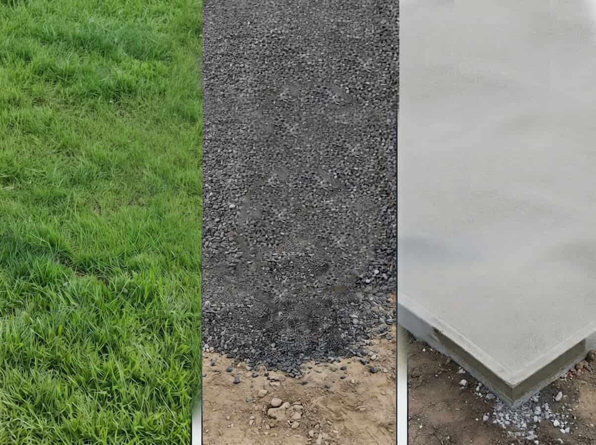 Construction site with roller, gravel path, concrete slab.