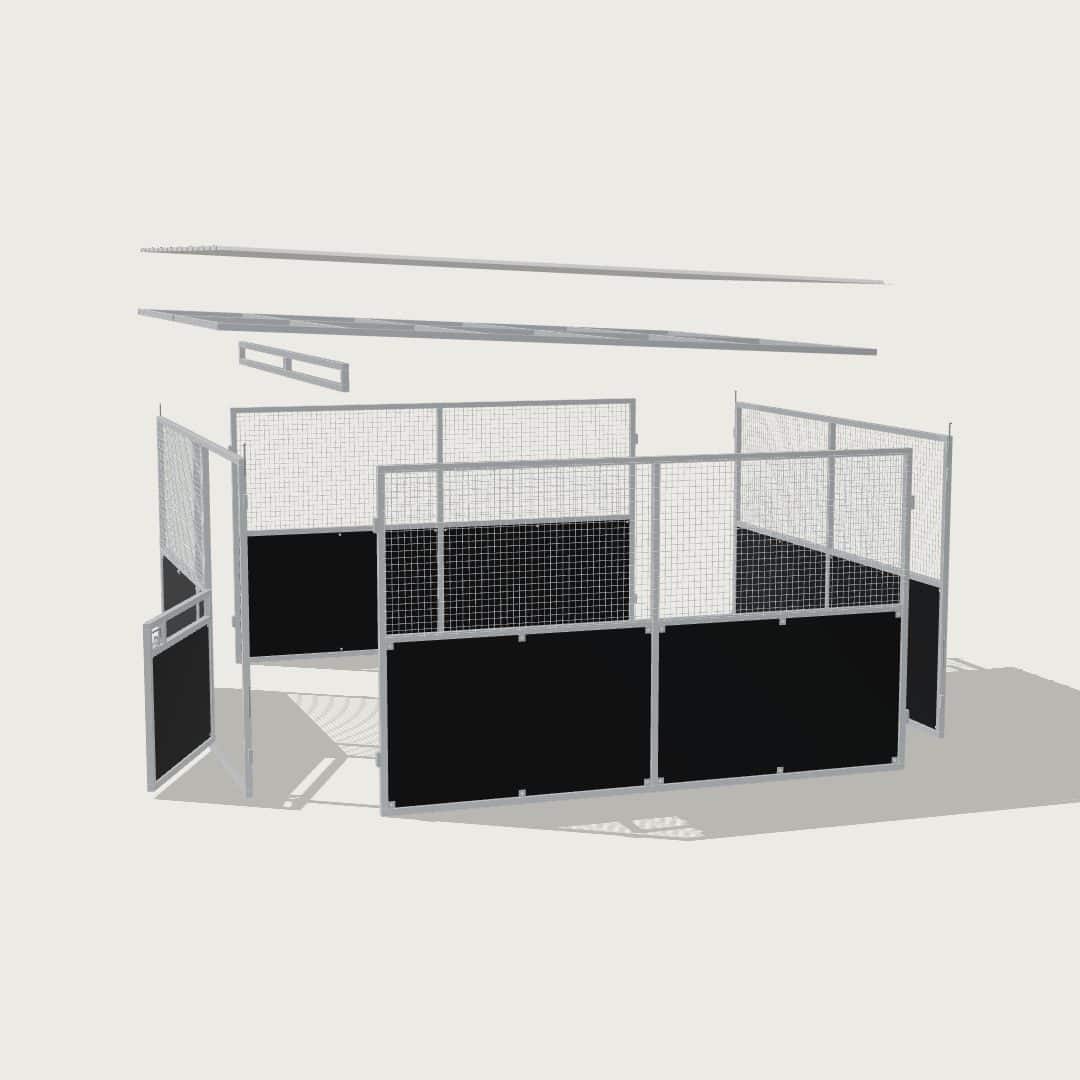 Guerilla Steel Stables standard base stable, 4 × 4 m inside, galvanised 50×50 SHS panels with black ply lower, welded mesh upper, 1500 × 1200 mm swing gate with slam latch, white Trimdek roof with 900 mm front overhang, high airflow raisers lifting the front of the roof 200 mm.