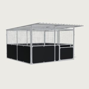 Guerilla Steel Stables standard base stable, 4 × 4 m inside, galvanised 50×50 SHS panels with black ply lower, welded mesh upper, 1500 × 1200 mm swing gate with slam latch, white Trimdek roof with 900 mm front overhang, high airflow raisers lifting the front of the roof 200 mm.