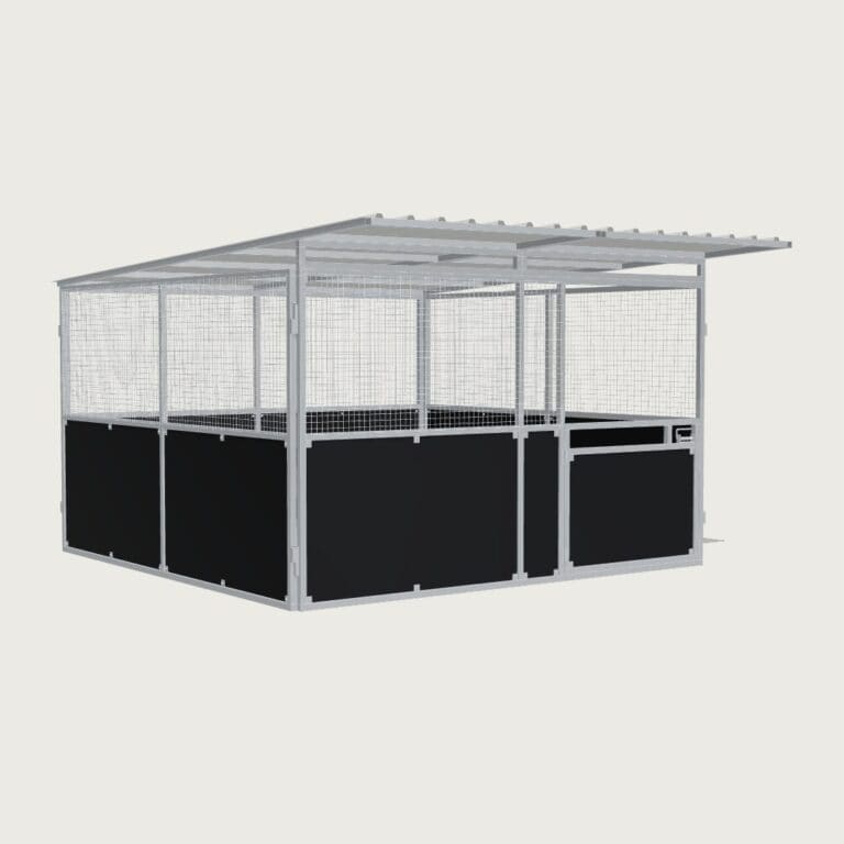 Guerilla Steel Stables standard base stable, 4 × 4 m inside, galvanised 50×50 SHS panels with black ply lower, welded mesh upper, 1500 × 1200 mm swing gate with slam latch, white Trimdek roof with 900 mm front overhang, high airflow raisers lifting the front of the roof 200 mm.
