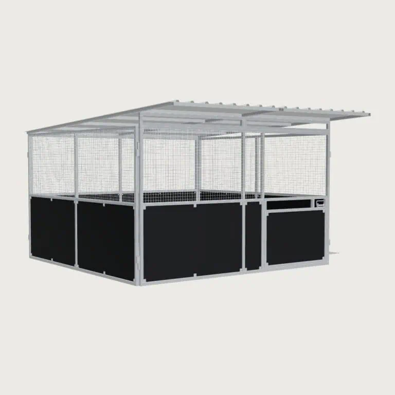Guerilla Steel Stables standard base stable, 4 × 4 m inside, galvanised 50×50 SHS panels with black ply lower, welded mesh upper, 1500 × 1200 mm swing gate with slam latch, white Trimdek roof with 900 mm front overhang, high airflow raisers lifting the front of the roof 200 mm.