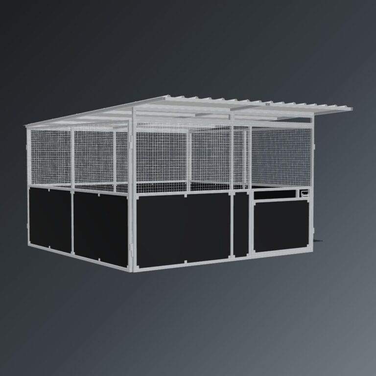 Guerilla Steel Stables standard base stable, 4 × 4 m inside, galvanised 50×50 SHS panels with black ply lower, welded mesh upper, 1500 × 1200 mm swing gate with slam latch, white Trimdek roof with 900 mm front overhang, high airflow raisers lifting the front of the roof 200 mm.