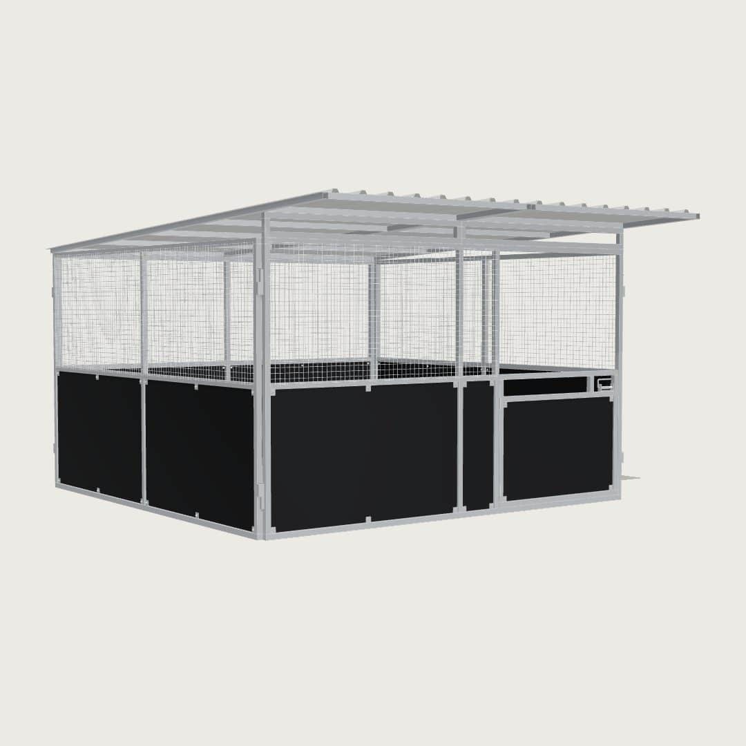 Guerilla Steel Stables standard base stable, 4 × 4 m inside, galvanised 50×50 SHS panels with black ply lower, welded mesh upper, 1500 × 1200 mm swing gate with slam latch, white Trimdek roof with 900 mm front overhang, high airflow raisers lifting the front of the roof 200 mm.