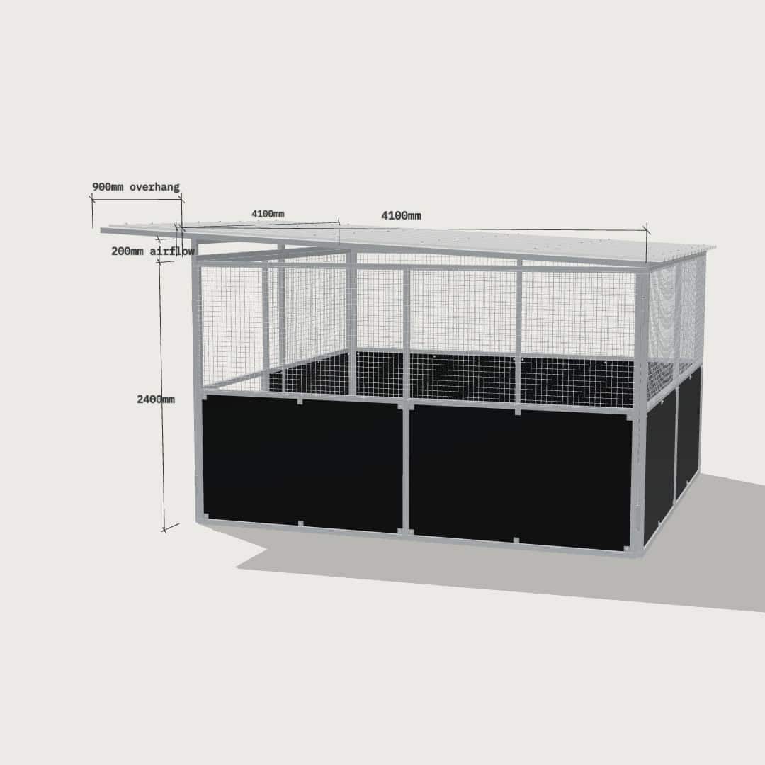 Guerilla Steel Stables standard base stable, 4 × 4 m inside, galvanised 50×50 SHS panels with black ply lower, welded mesh upper, 1500 × 1200 mm swing gate with slam latch, white Trimdek roof with 900 mm front overhang, high airflow raisers lifting the front of the roof 200 mm.
