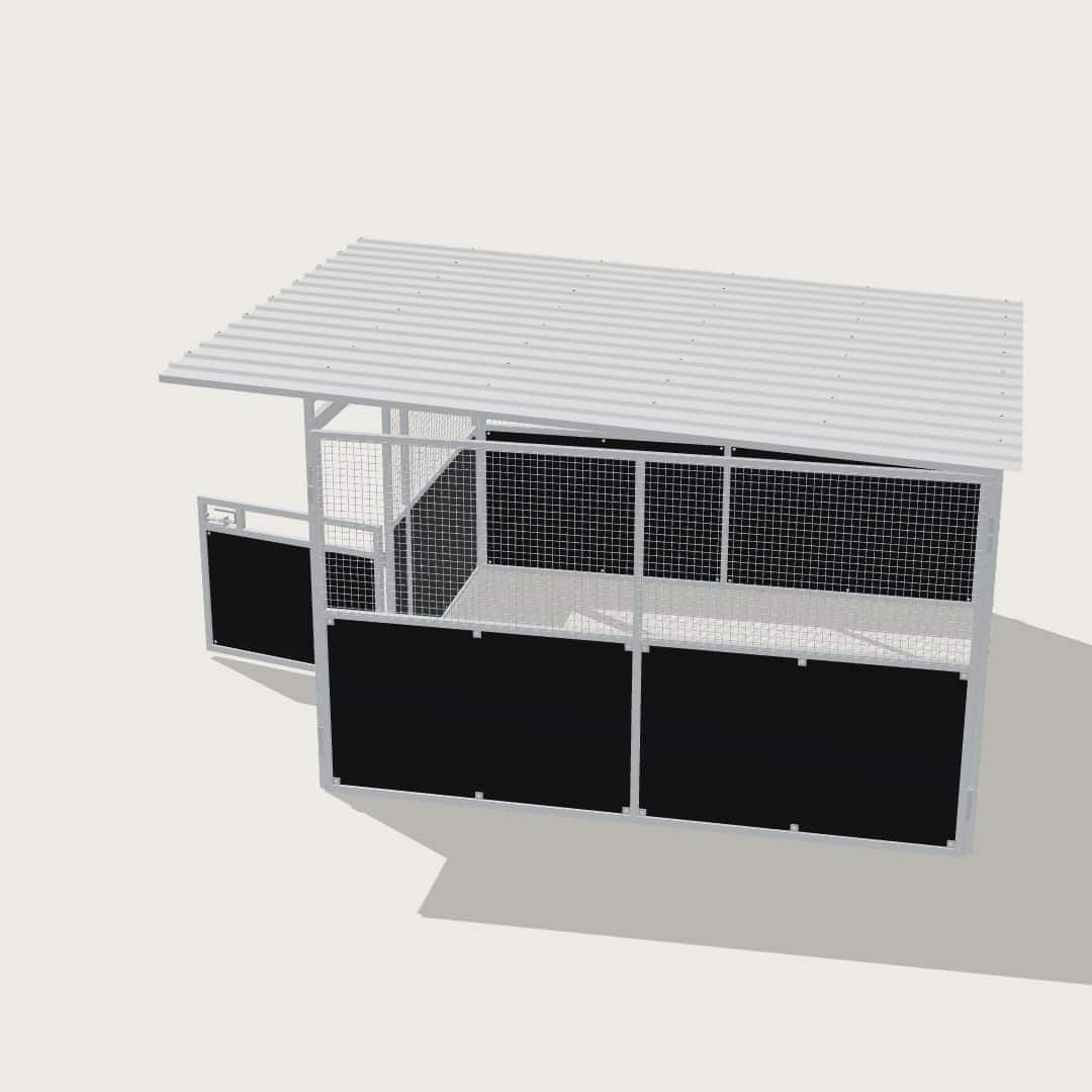 Guerilla Steel Stables standard base stable, 4 × 4 m inside, galvanised 50×50 SHS panels with black ply lower, welded mesh upper, 1500 × 1200 mm swing gate with slam latch, white Trimdek roof with 900 mm front overhang, high airflow raisers lifting the front of the roof 200 mm.