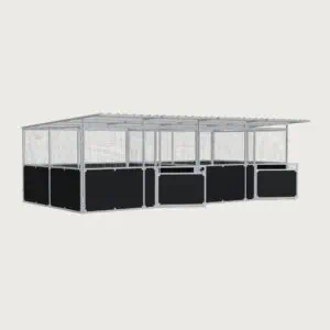 Guerilla Steel Stables standard 2-stall row of stables, each 4 × 4 m inside, galvanised 50×50 SHS panels with black ply lower, welded mesh upper, 1500 × 1200 mm swing gate with slam latch, white Trimdek roof with 900 mm front overhang, high airflow raisers lifting the front of the roof 200 mm.