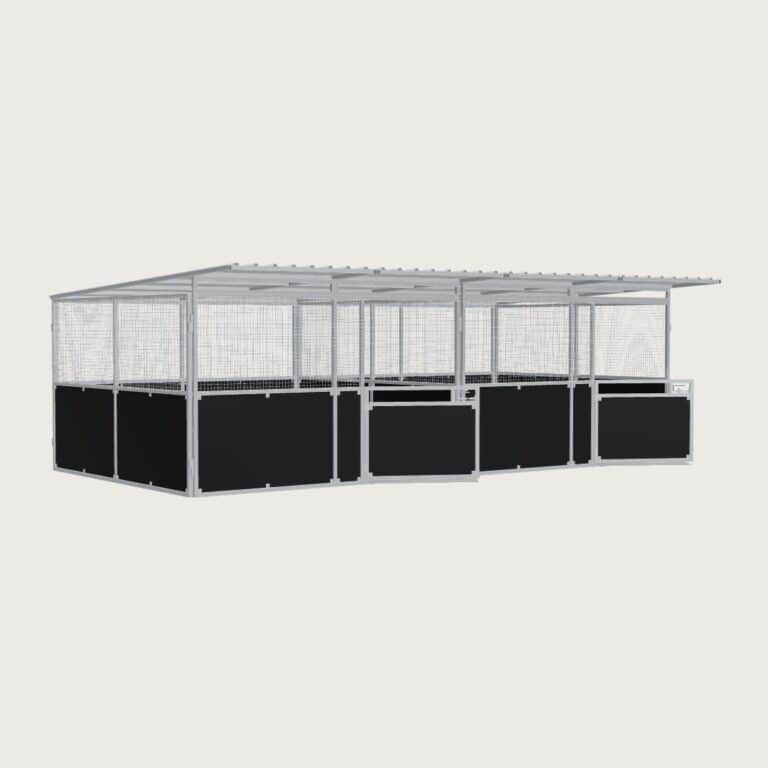 Guerilla Steel Stables standard 2-stall row of stables, each 4 × 4 m inside, galvanised 50×50 SHS panels with black ply lower, welded mesh upper, 1500 × 1200 mm swing gate with slam latch, white Trimdek roof with 900 mm front overhang, high airflow raisers lifting the front of the roof 200 mm.