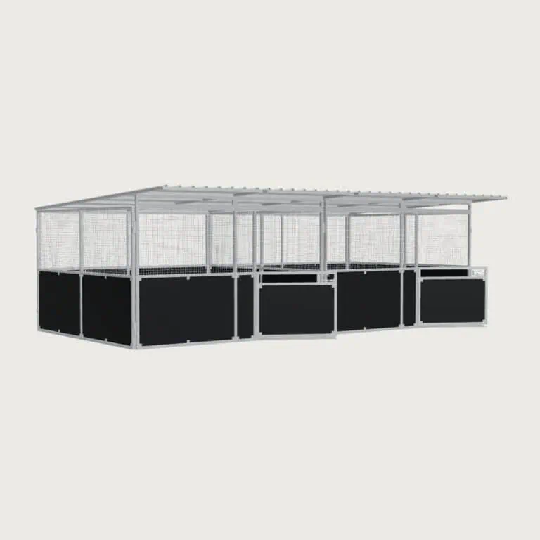 Guerilla Steel Stables standard 2-stall row of stables, each 4 × 4 m inside, galvanised 50×50 SHS panels with black ply lower, welded mesh upper, 1500 × 1200 mm swing gate with slam latch, white Trimdek roof with 900 mm front overhang, high airflow raisers lifting the front of the roof 200 mm.