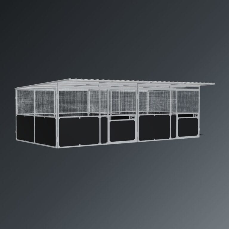 Guerilla Steel Stables standard 2-stall row of stables, each 4 × 4 m inside, galvanised 50×50 SHS panels with black ply lower, welded mesh upper, 1500 × 1200 mm swing gate with slam latch, white Trimdek roof with 900 mm front overhang, high airflow raisers lifting the front of the roof 200 mm.