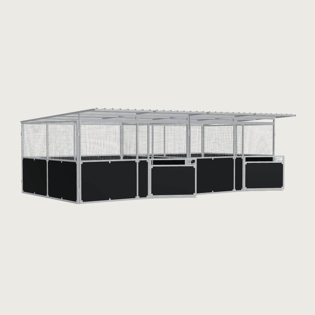 Guerilla Steel Stables standard 2-stall row of stables, each 4 × 4 m inside, galvanised 50×50 SHS panels with black ply lower, welded mesh upper, 1500 × 1200 mm swing gate with slam latch, white Trimdek roof with 900 mm front overhang, high airflow raisers lifting the front of the roof 200 mm.