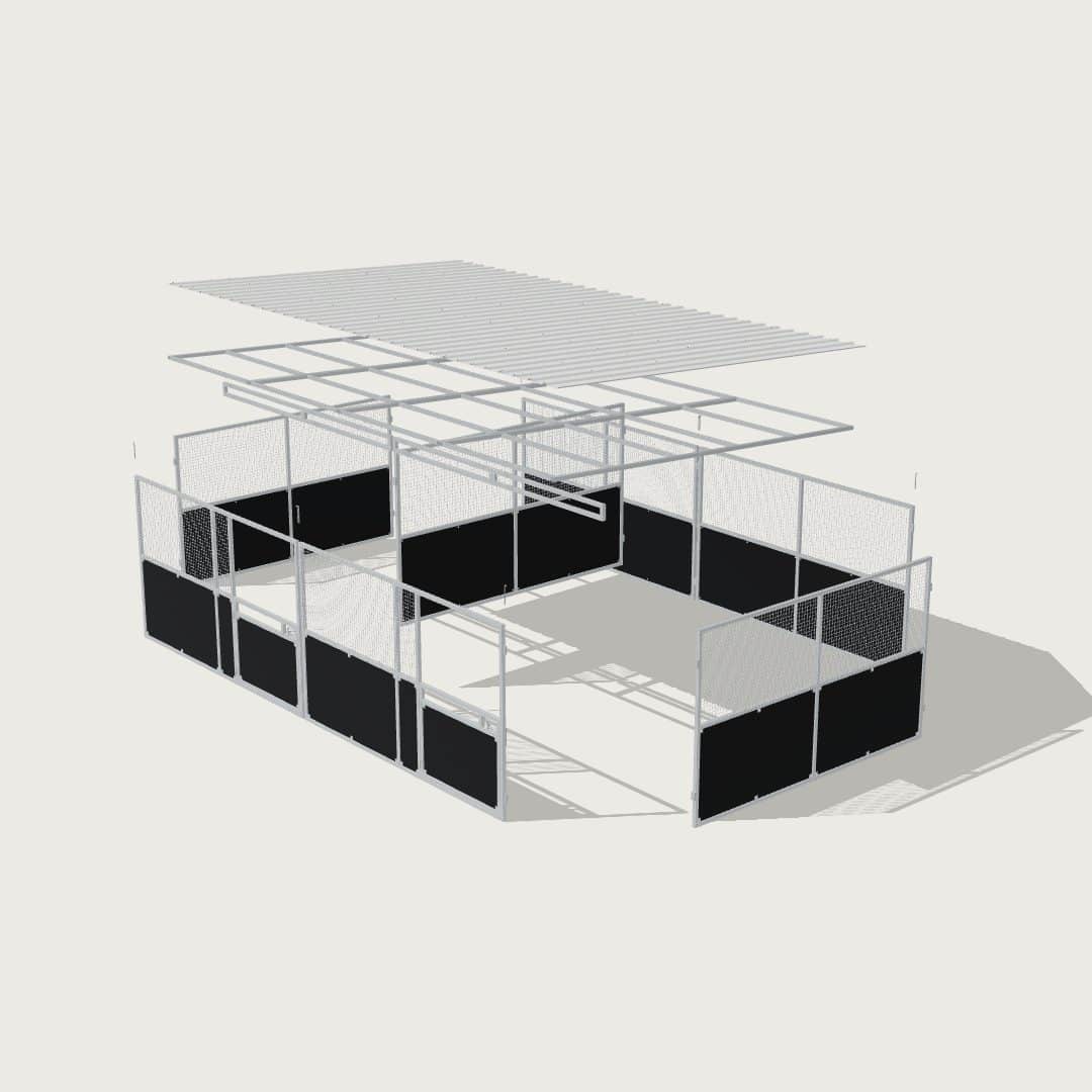 Guerilla Steel Stables standard 2-stall row of stables, each 4 × 4 m inside, galvanised 50×50 SHS panels with black ply lower, welded mesh upper, 1500 × 1200 mm swing gate with slam latch, white Trimdek roof with 900 mm front overhang, high airflow raisers lifting the front of the roof 200 mm.