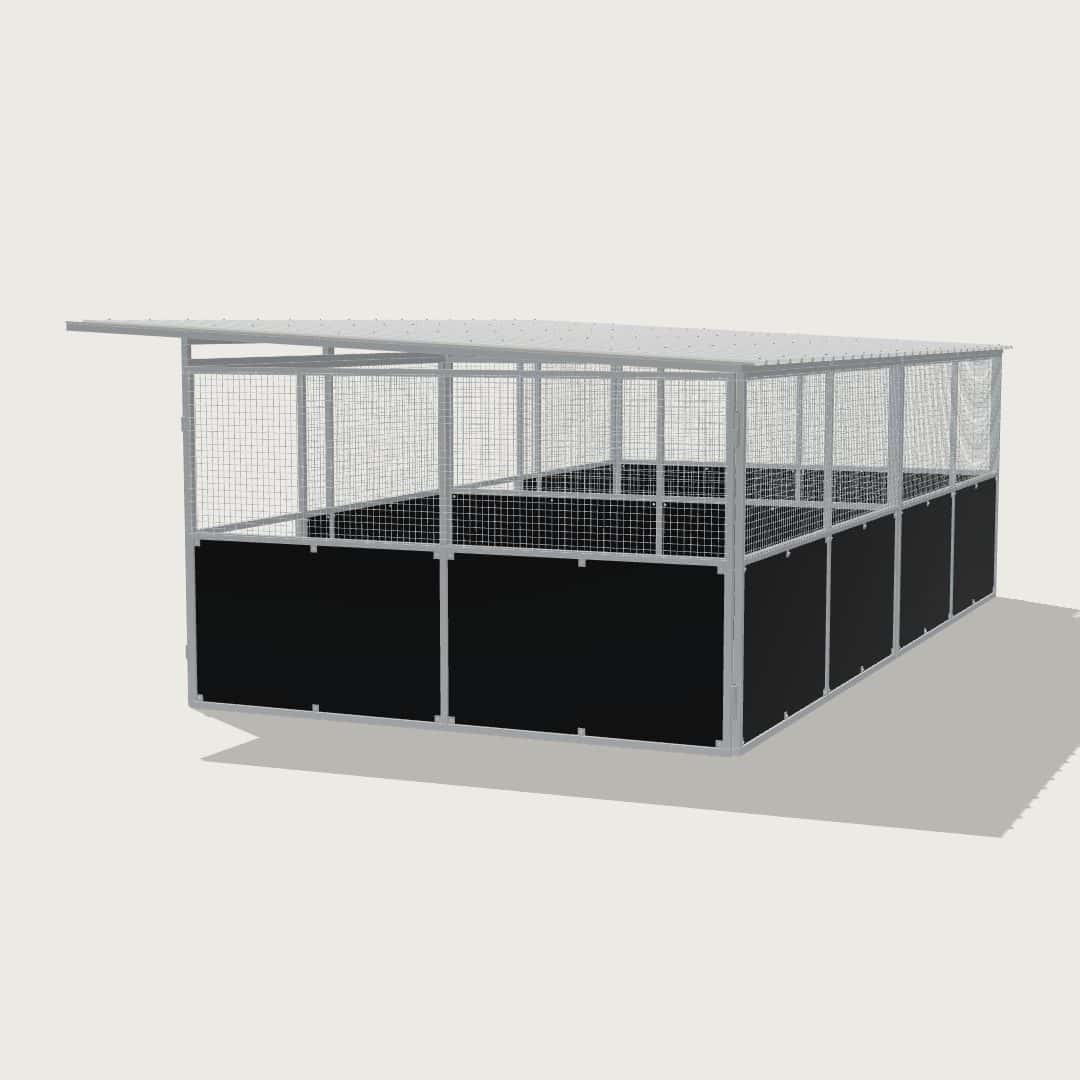 Guerilla Steel Stables standard 2-stall row of stables, each 4 × 4 m inside, galvanised 50×50 SHS panels with black ply lower, welded mesh upper, 1500 × 1200 mm swing gate with slam latch, white Trimdek roof with 900 mm front overhang, high airflow raisers lifting the front of the roof 200 mm.