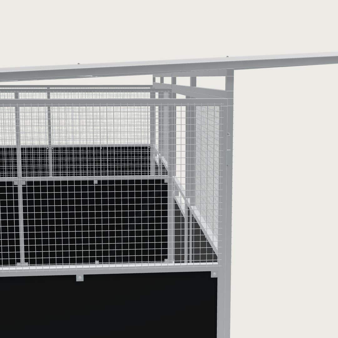 Guerilla Steel Stables standard 2-stall row of stables, each 4 × 4 m inside, galvanised 50×50 SHS panels with black ply lower, welded mesh upper, 1500 × 1200 mm swing gate with slam latch, white Trimdek roof with 900 mm front overhang, high airflow raisers lifting the front of the roof 200 mm.