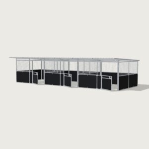 Guerilla Steel Stables standard 3-stall row of stables, each 4 × 4 m inside, galvanised 50×50 SHS panels with black ply lower, welded mesh upper, 1500 × 1200 mm swing gate with slam latch, white Trimdek roof with 900 mm front overhang, high airflow raisers lifting the front of the roof 200 mm.