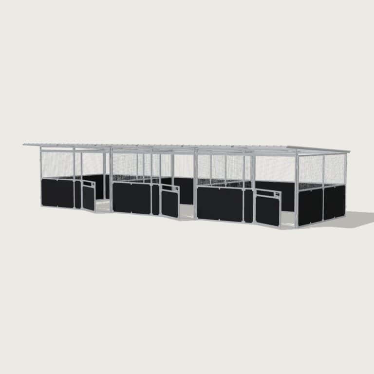Guerilla Steel Stables standard 3-stall row of stables, each 4 × 4 m inside, galvanised 50×50 SHS panels with black ply lower, welded mesh upper, 1500 × 1200 mm swing gate with slam latch, white Trimdek roof with 900 mm front overhang, high airflow raisers lifting the front of the roof 200 mm.
