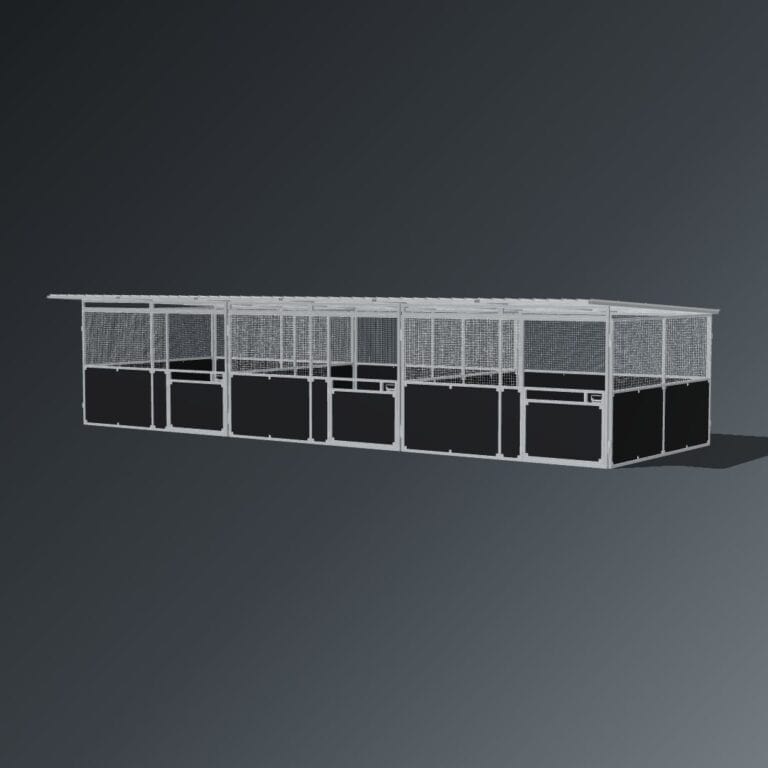 Guerilla Steel Stables standard 3-stall row of stables, each 4 × 4 m inside, galvanised 50×50 SHS panels with black ply lower, welded mesh upper, 1500 × 1200 mm swing gate with slam latch, white Trimdek roof with 900 mm front overhang, high airflow raisers lifting the front of the roof 200 mm.