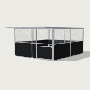 Guerilla Steel Stables large base stable, 4 × 5 m inside, galvanised 50×50 SHS panels with black ply lower, welded mesh upper, 1500 × 1200 mm swing gate with slam latch, white Trimdek roof with 900 mm front overhang.