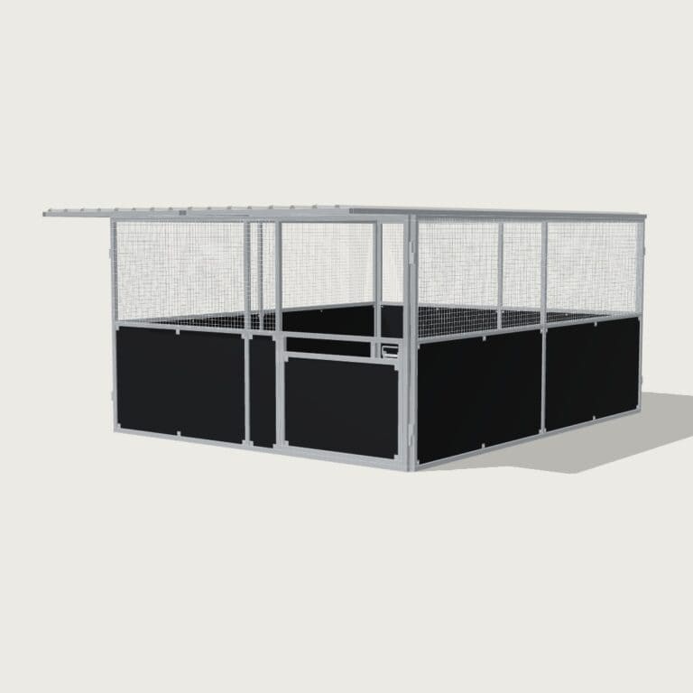 Guerilla Steel Stables large base stable, 4 × 5 m inside, galvanised 50×50 SHS panels with black ply lower, welded mesh upper, 1500 × 1200 mm swing gate with slam latch, white Trimdek roof with 900 mm front overhang.
