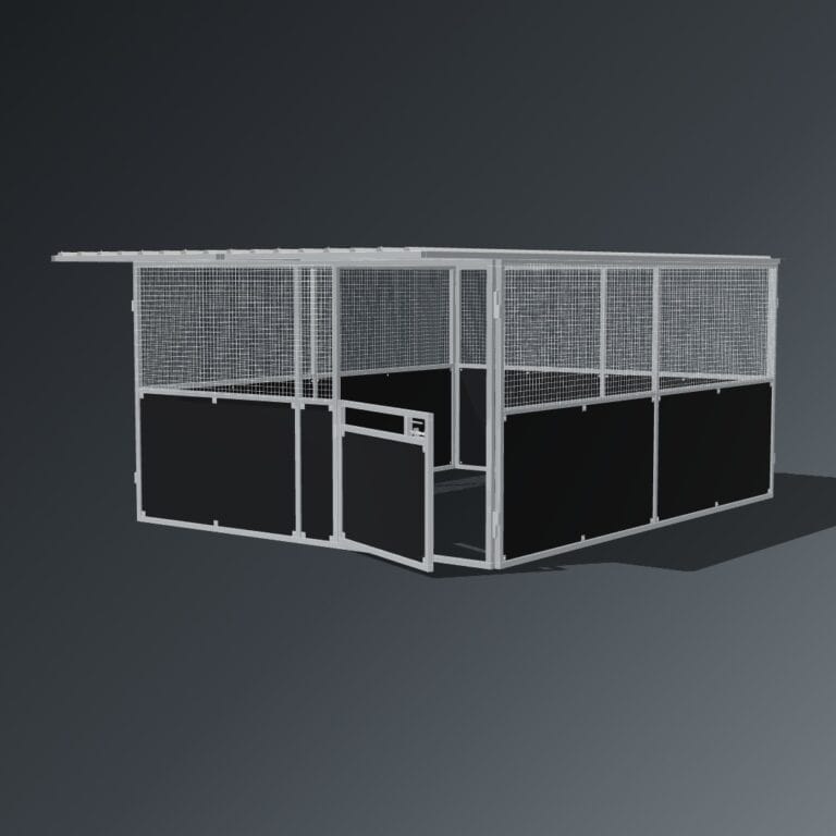 Guerilla Steel Stables large base stable, 4 × 5 m inside, galvanised 50×50 SHS panels with black ply lower, welded mesh upper, 1500 × 1200 mm swing gate with slam latch, white Trimdek roof with 900 mm front overhang.