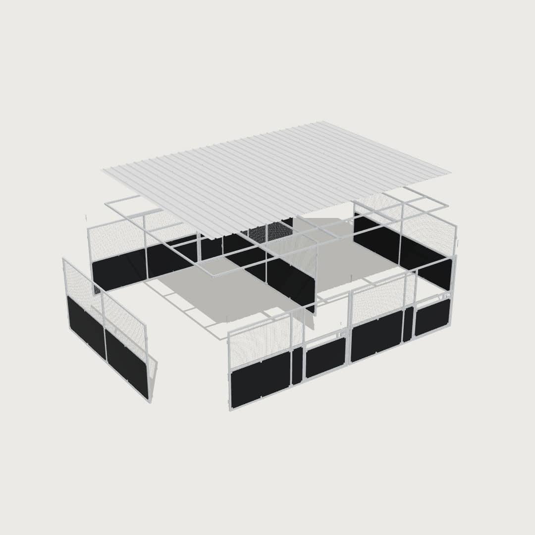 Guerilla Steel Stables large 2-stall row of stables, each 4 × 5 m inside, galvanised 50×50 SHS panels with black ply lower, welded mesh upper, 1500 × 1200 mm swing gate with slam latch, white Trimdek roof with 900 mm front overhang.
