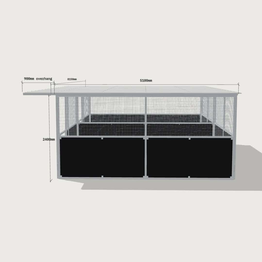 Guerilla Steel Stables large 2-stall row of stables, each 4 × 5 m inside, galvanised 50×50 SHS panels with black ply lower, welded mesh upper, 1500 × 1200 mm swing gate with slam latch, white Trimdek roof with 900 mm front overhang.