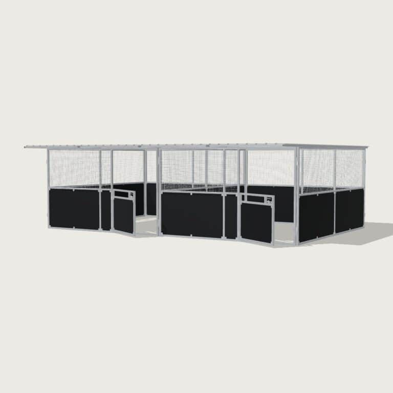 Guerilla Steel Stables large 2-stall row of stables, each 4 × 5 m inside, galvanised 50×50 SHS panels with black ply lower, welded mesh upper, 1500 × 1200 mm swing gate with slam latch, white Trimdek roof with 900 mm front overhang.