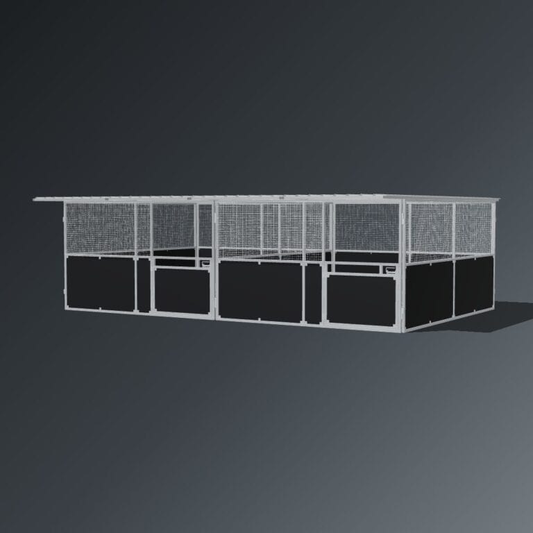 Guerilla Steel Stables large 2-stall row of stables, each 4 × 5 m inside, galvanised 50×50 SHS panels with black ply lower, welded mesh upper, 1500 × 1200 mm swing gate with slam latch, white Trimdek roof with 900 mm front overhang.