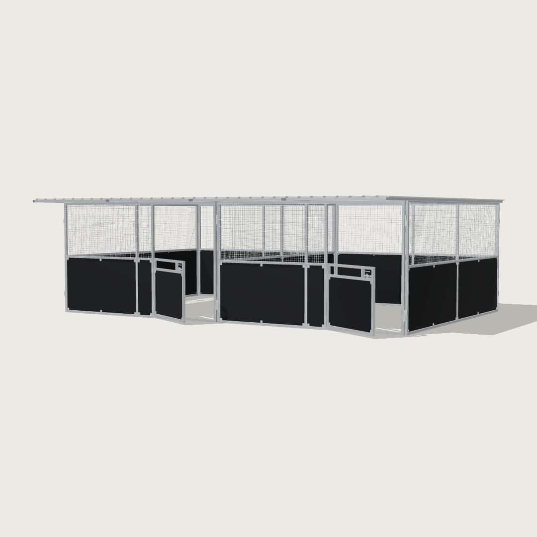 Guerilla Steel Stables large 2-stall row of stables, each 4 × 5 m inside, galvanised 50×50 SHS panels with black ply lower, welded mesh upper, 1500 × 1200 mm swing gate with slam latch, white Trimdek roof with 900 mm front overhang.
