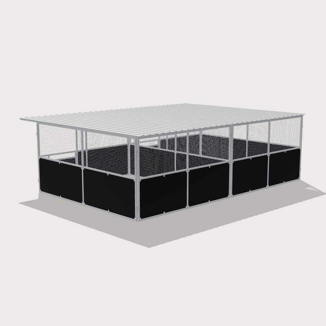 Guerilla Steel Stables large 2-stall row of stables, each 4 × 5 m inside, galvanised 50×50 SHS panels with black ply lower, welded mesh upper, 1500 × 1200 mm swing gate with slam latch, white Trimdek roof with 900 mm front overhang.