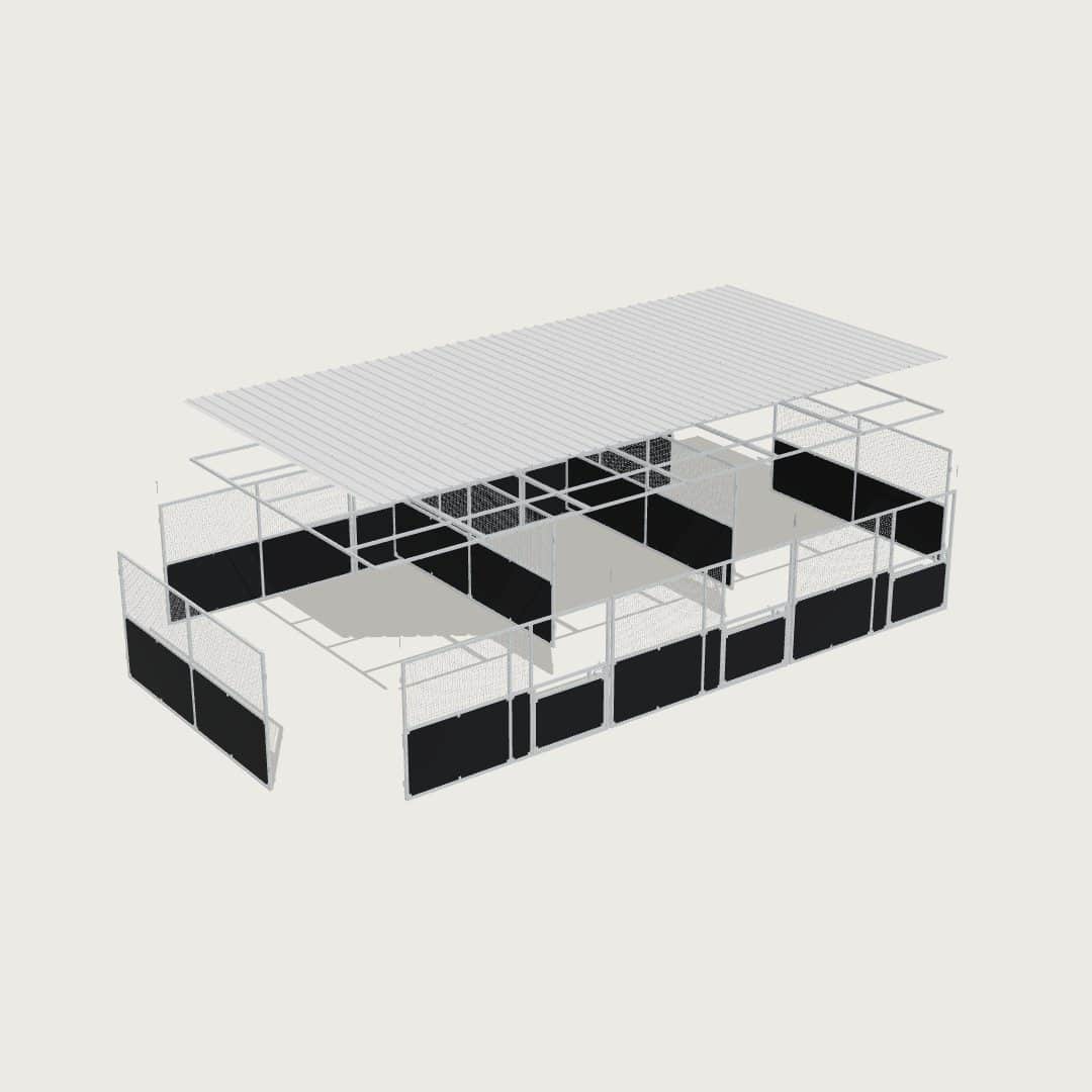Guerilla Steel Stables large 3-stall row of stables, each 4 × 5 m inside, galvanised 50×50 SHS panels with black ply lower, welded mesh upper, 1500 × 1200 mm swing gate with slam latch, white Trimdek roof with 900 mm front overhang.