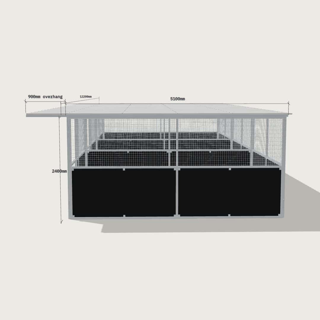 Guerilla Steel Stables large 3-stall row of stables, each 4 × 5 m inside, galvanised 50×50 SHS panels with black ply lower, welded mesh upper, 1500 × 1200 mm swing gate with slam latch, white Trimdek roof with 900 mm front overhang.