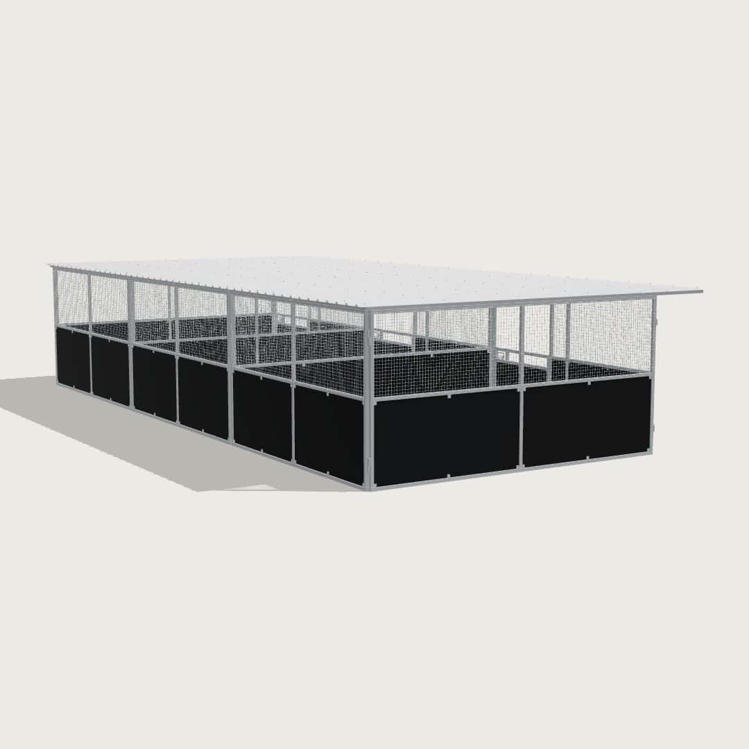 Guerilla Steel Stables large 3-stall row of stables, each 4 × 5 m inside, galvanised 50×50 SHS panels with black ply lower, welded mesh upper, 1500 × 1200 mm swing gate with slam latch, white Trimdek roof with 900 mm front overhang.
