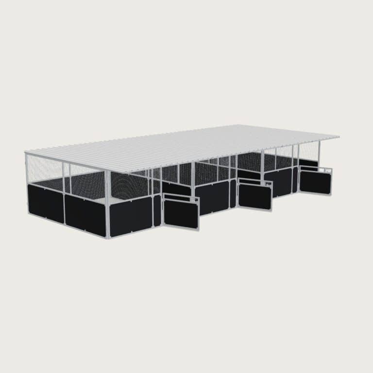 Guerilla Steel Stables large 3-stall row of stables, each 4 × 5 m inside, galvanised 50×50 SHS panels with black ply lower, welded mesh upper, 1500 × 1200 mm swing gate with slam latch, white Trimdek roof with 900 mm front overhang.