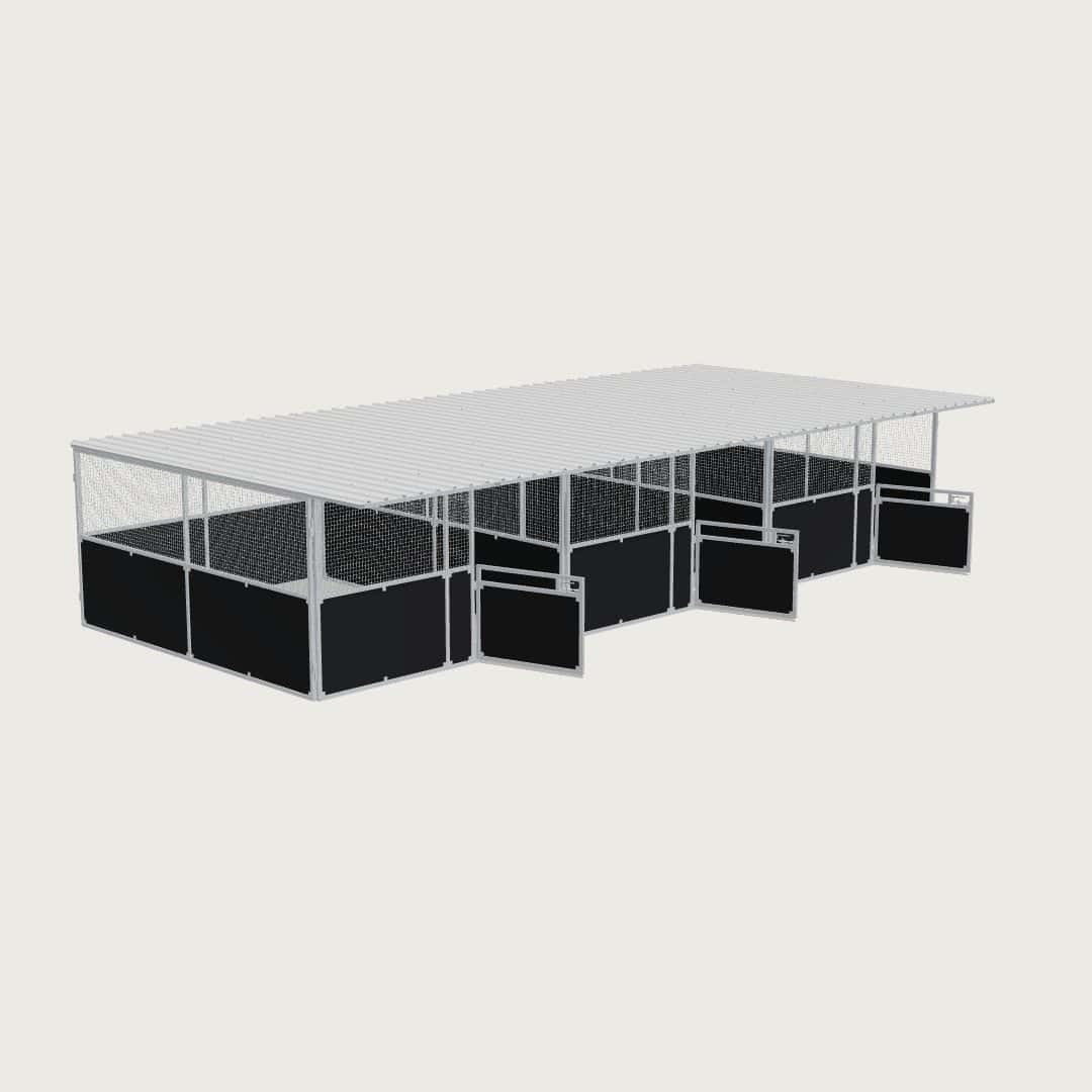 Guerilla Steel Stables large 3-stall row of stables, each 4 × 5 m inside, galvanised 50×50 SHS panels with black ply lower, welded mesh upper, 1500 × 1200 mm swing gate with slam latch, white Trimdek roof with 900 mm front overhang.