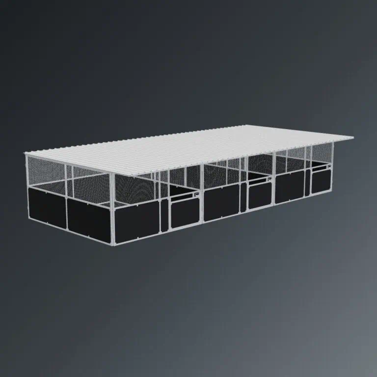 Guerilla Steel Stables large 3-stall row of stables, each 4 × 5 m inside, galvanised 50×50 SHS panels with black ply lower, welded mesh upper, 1500 × 1200 mm swing gate with slam latch, white Trimdek roof with 900 mm front overhang.